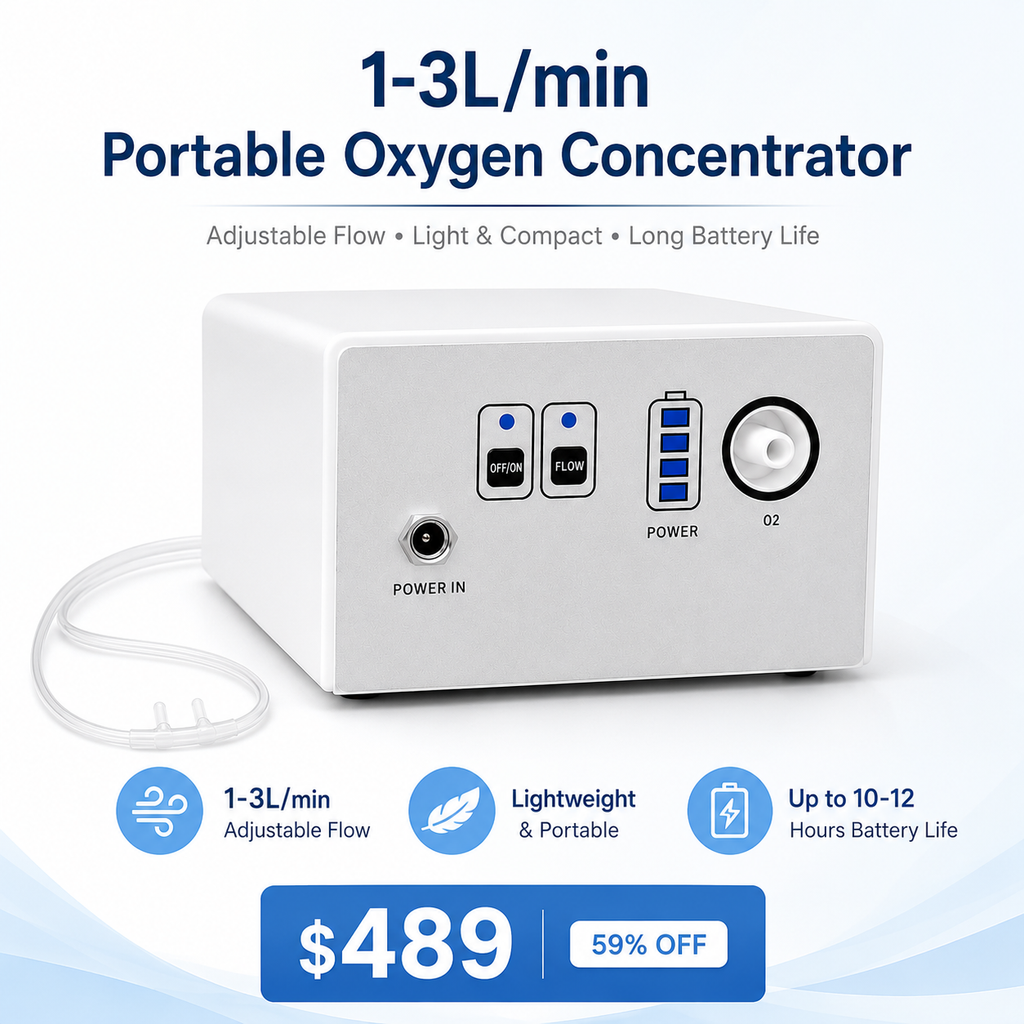 1-3L/Min Portable Oxygen Concentrator for Travel| 10-12 Hours Continuous Flow Battery Life | Free Carry Bag