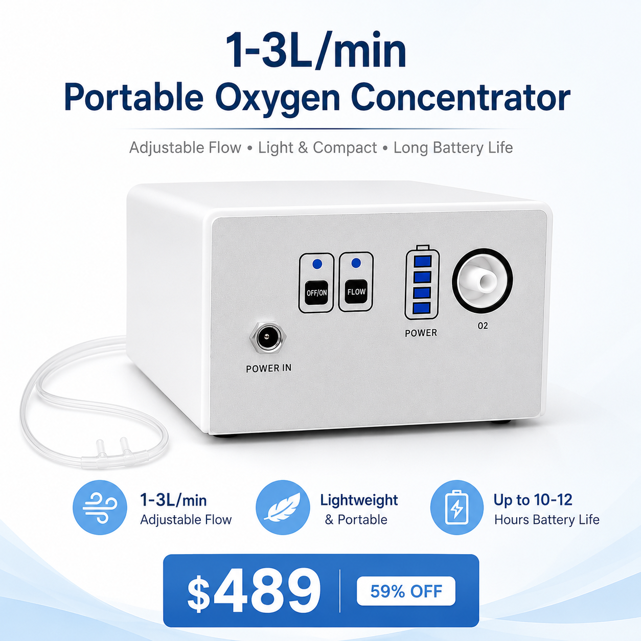 1-3L/Min Portable Oxygen Concentrator for Travel| 10-12 Hours Continuous Flow Battery Life | Free Carry Bag