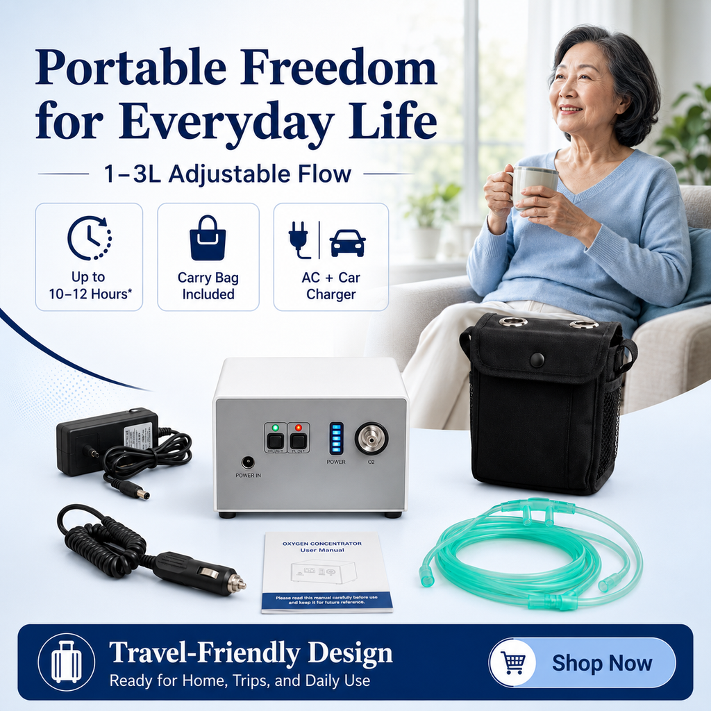 1-3L/Min Portable Oxygen Concentrator for Travel| 10-12 Hours Continuous Flow Battery Life | Free Carry Bag